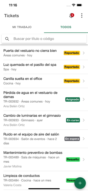 Listado de tickets con su estado y su responsable.